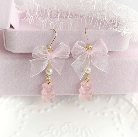 Baby Pink Bow, Kei Jewelry, Kawaii Earrings, Kawaii Jewelry, Pink Accessories, Kawaii Accessories, Fabric Accessories, Earrings Inspiration, Gummy Bear