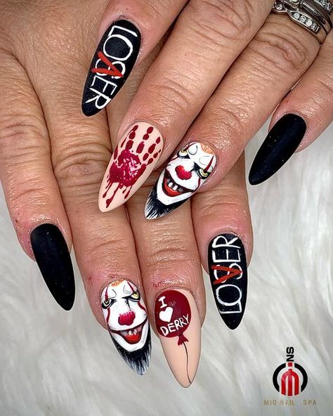 MIO Nail Spa | 💥I’m Pennywise,the dancing Clown 🤡🩸🎈 ✨Nail design done by MIO NAIL Team ❤️ We’re specialists in Nail Art design - Gel X - Acrylic -... | Instagram It Nails Stephen King, Pennywise Nails, Pennywise Birthday, It Stephen King, King Nails, It Nails, Pennywise The Dancing Clown, Nail Spa, Stephen King