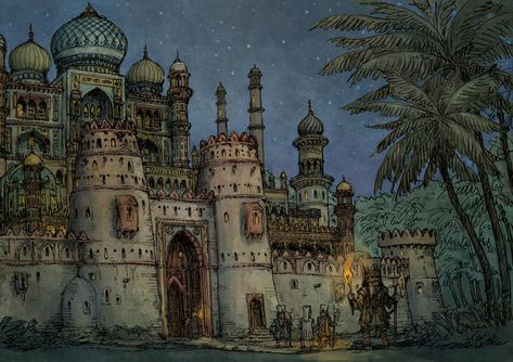 Medieval arabic city - the Palace by Hetman80 on DeviantArt Arabic City, Palace Illustration, Desert Castle, Cair Paravel, Illustrated Manuscript, Minecraft Inspiration, Location Inspiration, Fantasy City, Fantasy Castle