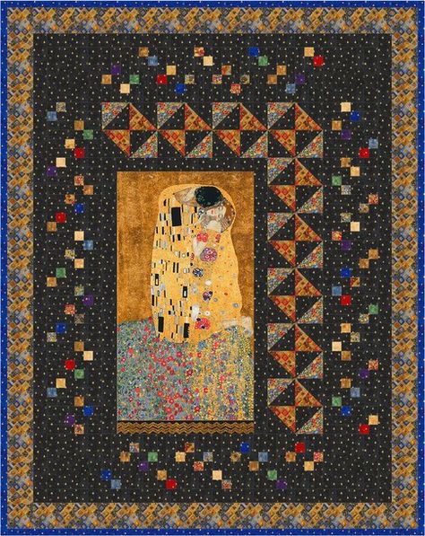 The Kiss designed by Robert Kaufman Fabrics. Features Gustav Klimt by Studio RK, shipping to stores January 2018. FREE pattern available for download January 2018 (robertkaufman.com) #FREEatrobertkaufmandotcom Klimt Quilt, Quilt Panels, Panel Ideas, Panel Quilt Patterns, Fabric Panel Quilts, Klimt Art, The Quilt Show, Medallion Quilt, Quilt Art