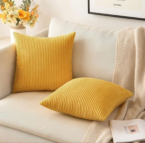 two corduroy yellow cushion covers Corduroy Cushion, Sofa Couch Living Room, Yellow Cushion Covers, Pillow Covers Decorative, Couch Living Room, Yellow Cushions, Yellow Pillows, Throw Pillow Inserts, White Sofas