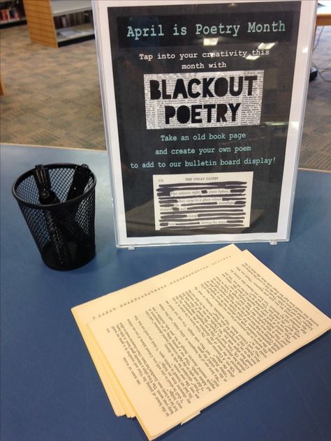 School Library Month Activities, National Poetry Month Library Display, Book Event Ideas, Poetry Library Display, Library Events Ideas, Bookstore Event Ideas, April Library Displays, Poetry Month Library Display, Teen Library Programs