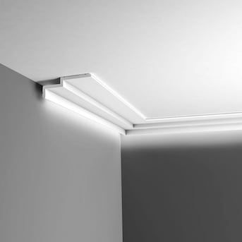 Mini Barn Door Hardware, Ceiling Trim, Ceiling Materials, Orac Decor, Crown Moulding, Indirect Lighting, White Plains, Ceiling Ideas, Modern Staircase