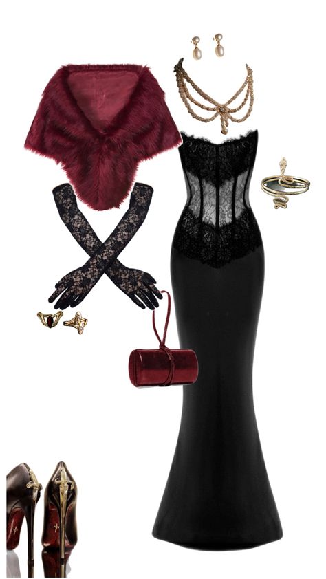 Aesthetic black and red combo for this femme fatale look. It’s giving main character strong sexy women amazing aesthetic lacy black dress , lacy black gloves , Cesar pacioti dagger heels beautiful faux fur shawl in burgundy and a vintage clutch bag. Perfect outfit for a ball night out or mafia gathering main character vibes . The reaper morana vitalio, the predator . Fancy Dark Outfits, Evil Villain Aesthetic Outfits, Old Hollywood Theme Prom Dress, New York Dress Aesthetic, Red Dress And Black Gloves, 21st Birthday Outfits Y2k, Casino Theme Dresses, Black Dress With Fur Shawl, Dark Feminine Dress Aesthetic