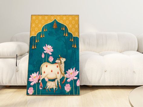 Indian Lotus, Home Decor Indian, Art Indian, Pichwai Paintings, Indian Prints, Ethnic Art, Indian Home, Indian Home Decor, Cow Print