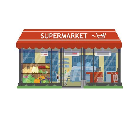 Super Market Drawing, Supermarket Drawing, Building Front View, Supermarket Illustration, Supermarket Building, City Miniature, Shop Exterior, Doll Things, Drawing Template