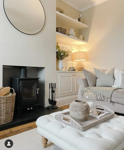 Buttoned Footstool, Architecture Sustainable, Greige Living Room, Alcove Ideas Living Room, Log Burner Living Room, Building Kitchen, Lounge Room Styling, Budget Living, Cream Living Rooms