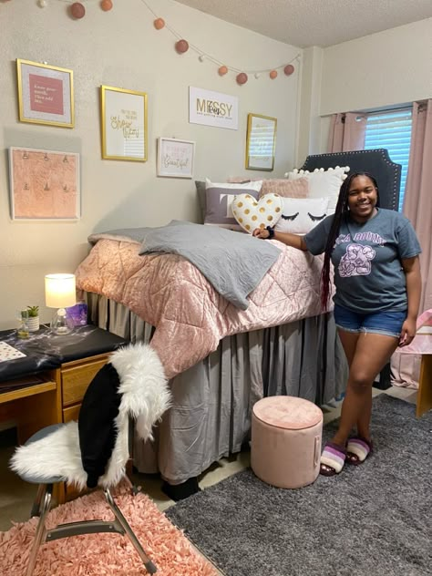 My youngest daughters dorm room! Blush, gray, white, and gold dorm room! Pink Grey Dorm Room, Luxurious Dorm Rooms, Pink And Silver Dorm Room Ideas, Pink Gray And White Dorm Room Ideas, Pink White And Grey Dorm Room Ideas, Cute Dorm Rooms Pink, Hbcu Dorm Room, Pink Dorm Room Ideas For Girls College, Blush Dorm Room Ideas