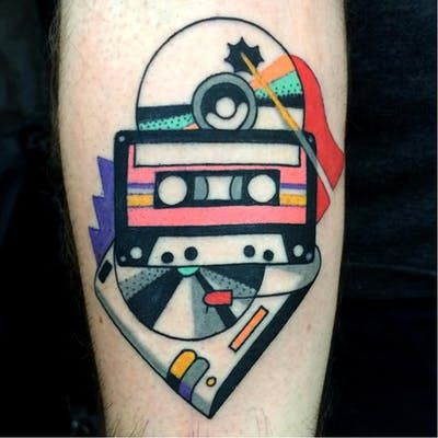 90s Music Tattoo, Cassette Tattoo, 90s Tattoos, Abstract Cubism, Surreal Tattoo, Rock Tattoo, Retro Tattoos, Theme Tattoo, Geniale Tattoos