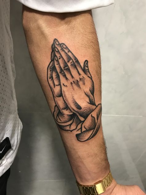 Praying Arms Tattoo, Traditional Praying Hands Tattoo, Pray Tattoo Hands, Prayer Hands Tattoo For Men, Hands Praying Tattoo, Pray Hands Tattoo, Praying Hands Tattoo Stencil, First Tattoo Ideas For Men Meaningful, Praying Hand Tattoo