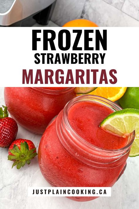 🍓🍹 Get ready for a beach-themed night-in with these refreshing Frozen Strawberry Margaritas Made with tequila, lime, orange liqueur, and frozen strawberries, this easy blender cocktail is perfect for any occasion. 🌴 #Margarita #StrawberryMargarita #FrozenDrinks #CocktailRecipes #SummerVibes #EasyRecipes #BlenderRecipes #Tequila #PartyDrinks #JustPlainCooking Frozen Margarita Recipes Blender Easy, Strawberry Margarita Pitcher, Frozen Margarita Recipes, Blended Strawberry Margarita, Strawberry Basil Margarita Pitcher, Frozen Strawberry Margarita Recipe, Strawberry Margaritas, Strawberry Tequila, Frozen Watermelon Margarita