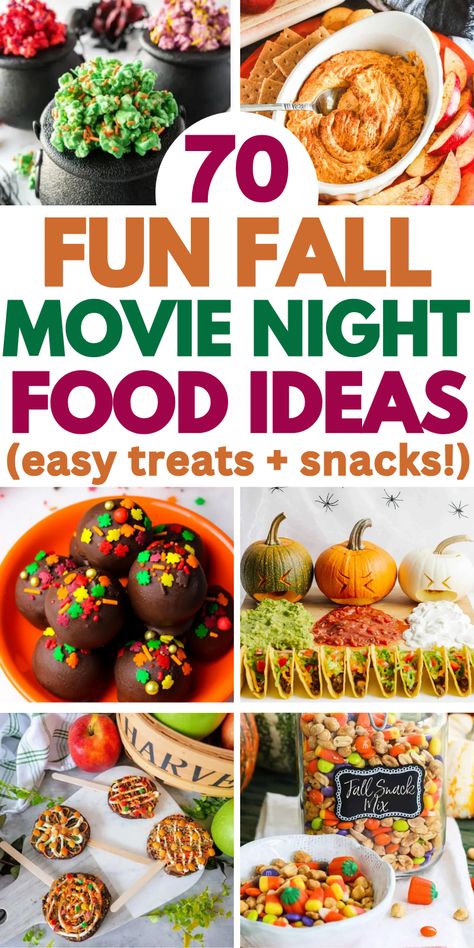 Easy fall movie night snacks and food ideas for your Halloween or fall movie night party. Fall Movie Night Meals, Moms Night In Food Ideas, Movie Night Snack Ideas For Adults, Outdoor Movie Night Birthday Party Food Ideas, Family Night Snacks, Fall Movie Date Night, Family Movie Night Ideas Food Snacks, Fall Backyard Movie Night, Halloween Movie Night Party Food Ideas Family