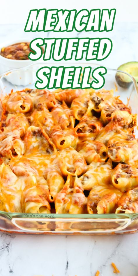 Mexican Stuffed Shells - If you love Mexican food and love food that reheats well for leftovers, then try these simple, yet delicious Mexican Stuffed Shells. A perfect main dish recipe! #dinner #maindish #shells #stuffedshells #groundbeef #beef #mexican #cincodemayo #freezermeal #casserole #freezercasserole #dinner #cheese #recipe #numstheword Mexican Shells Pasta Recipes, Stuffed Enchilada Shells, Mexican Stuffed Pasta Shells Recipe, Mexican Stuffed Shells Vegetarian, Enchilada Shells Stuffed, Mexican Stuffed Shells With Cream Cheese, Chorizo Stuffed Shells, Mexican Shells And Cheese, Mexican Stuffed Shells With Chicken