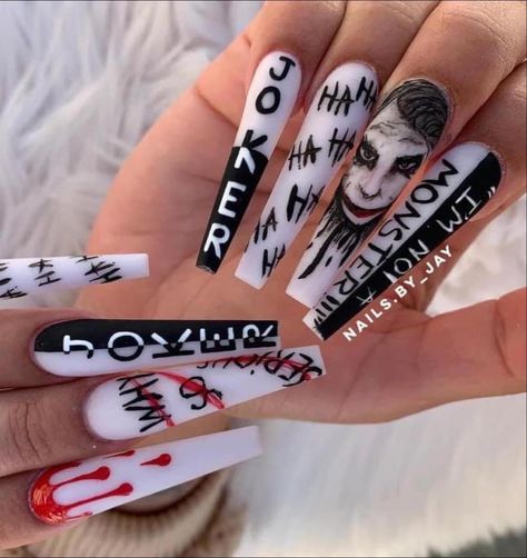 Joker Nails Designs Art, Joker Nail Ideas, The Joker Nails Designs, Black White Red Nails Design, Joker Halloween Nails, Joker Acrylic Nails, Joker Nails Acrylic, Joker Inspired Nails, The Joker Nails