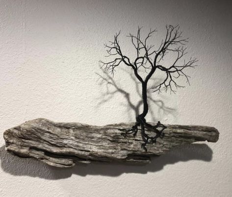 Handmade with twisted wire & mounted in driftwood Weaving Tree, Driftwood Art Diy, Wire Art Sculpture, Driftwood Wall, Wire Tree Sculpture, Organic Decor, Wire Tree, Tree Sculpture, Interesting Ideas