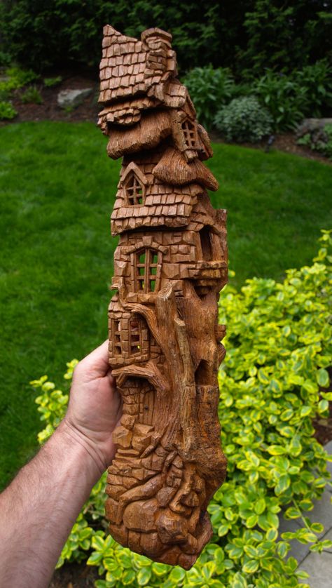 Whimsical Cottages, Whimsical Carvings, Bark Carving, Whimsical House, Garden Ladder, Whimsical Houses, Wood Bark, Tree Carving, Wood Carving Designs