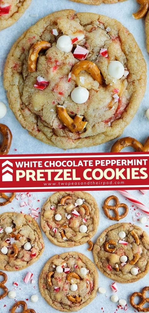 Nothing feels like Christmas than these White Chocolate Peppermint Pretzel Cookies! These Christmas party desserts are loaded with pretzels, white chocolate chips, and chopped up candy canes. You will love the sweet and salty combo, such a fun Christmas cookie! Pin this recipe. Christmas Pretzel Cookies, Christmas Cookies Pretzel, Red And White Christmas Cookies, Pretzel Cookies Christmas, Christmas Cookie Presentation, Cutest Christmas Cookies, Unique Cookie Recipes Xmas, Christmas Party Kids Food, Simple Christmas Desserts Recipes