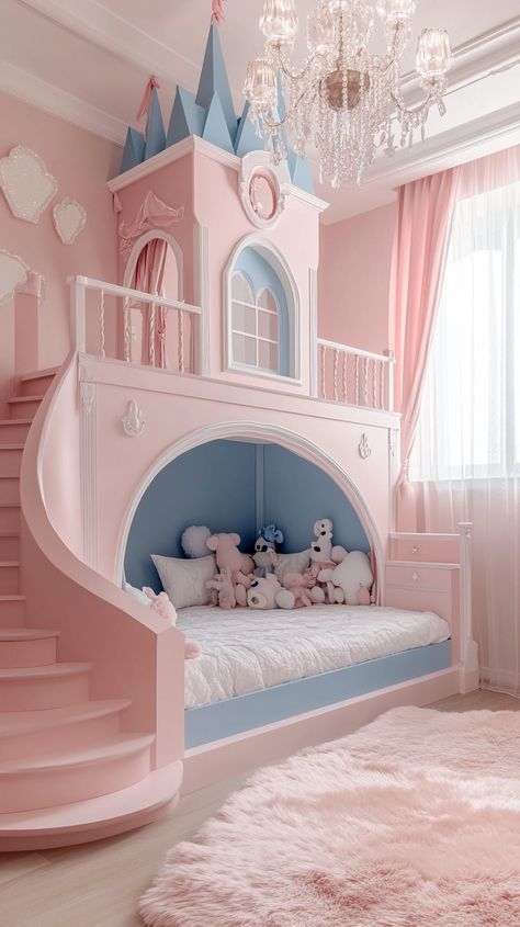 Princess-castle loft bed in pastel pink and blue, cozy decor, chandelier, fluffy rug, and charming girl’s room design. Princess Bedroom Ideas For Kids, Princess Bedroom Ideas Toddler, Diy Princess Room, Princess Room Ideas, Princess Kids Room, Princess Castle Bed, Princess Bedroom Ideas, Girls Princess Bedroom, Girls Princess Room