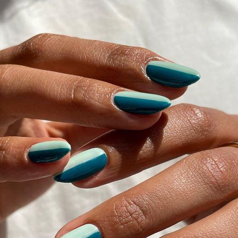 PREVIOUSLY HARD AS NAILS STUDIO 💖 on Instagram: "Simple colour blocking using ‘pacific’ and ‘crest sage’ by @the_gelbottle_inc 

Simple nail art by @maleaht.nails 

#thegelbottleinc #tgb #simplenailartinspo #nailsoftheday #almondnails #summernails" Colour Blocking Nails, Colorblock Nail Art, Color Block Nail Art, Simple Colourful Nails, Block Colour Nails, Colour Block Nails, Nail Art Basic, Basic Nail, Color Block Nails