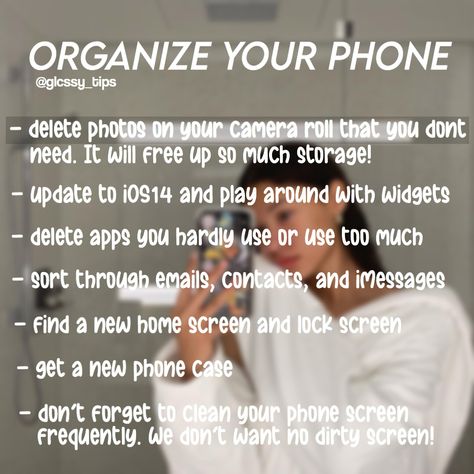 Clean Your Phone Tips, Give Your Phone A Glow Up, Phone Clean Out, Phone Glow Up Checklist, How To Clean Out Your Phone, How To Clean Your Phone, Astros Daughter, Highschool Necessities, Clean Out Your Phone