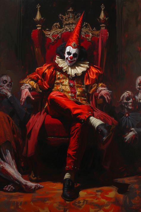 an evil medieval jester sitting on a red theatrical throne, looking powerful, surrounded by dead aristocrats, in the style of classical oil painting Jester Wallpaper, Jester Painting, Creepy Jester, Scary Jester, Evil Painting, Dark Jester, Jester Art, Medieval Jester, Skull Clown