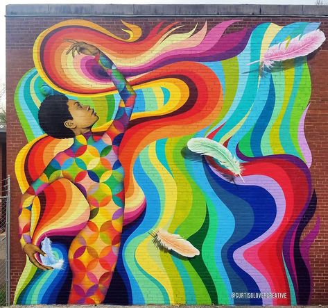 "Lift me Up," spray cans and acrylics, 25x25', April 2018 Woman dancer depicted showing a flowy design of color with feathers floating up representing the youthful energy and creativity of the school on the dance studio wall at Beaumont Magnet Academy. Painted by Curtis Glover. Please note that this mural is viewable but cannot be accessed. Dance Mural, Seattle Rain, Dance Studio Design, Studio Wall, Flowy Design, Dance Art, Studio Design, Dancing In The Rain, Latin Dance