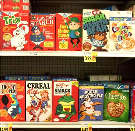 Ron English created a series of parody cereal boxes that were covertly placed on shelves at a Ralph’s in Venice, CA. Cereal Names, Culture Jamming, Cereal Packaging, Ron English, Sugar Frosting, Cereal Killer, Cinnamon Toast, Corn Starch, Junk Food