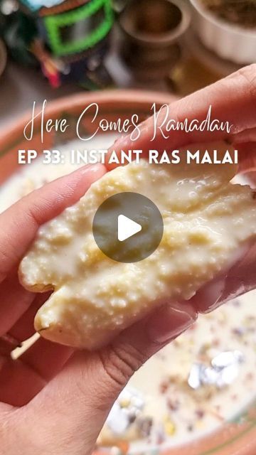 Rafia Mazhar on Instagram: "HERE'S HOW TO MAKE IT ⤵️ ⠀⠀⠀⠀⠀⠀⠀⠀⠀ Here Comes Ramadan Episode 33 - Instant 30 Minute Ras Malai🌙  Recipe 1 cup milk powder ½ tbsp flour 1 tsp baking powder ½ tsp elachi powder 1 tbsp ghee melted 1 egg beaten  1 liter milk ½ cup sugar Few strands saffron Few drops kewra essence  Crushed pistachio Crushed almonds Silver leaf for garnish  • Combine all the ingredients for the dough. Add the egg little by little and make a soft dough (you will probably need to add the entire egg) • The dough should not be stiff or have cracks. It should be pliable & shiny • With oily hands & a tbsp make 7 to 8 balls and flatten them by hand. Set aside • In a pan add the milk, sugar, saffron & kewra. Heat till the sugar has dissolved • Lower the flame & add all the balls. Cover & coo Ras Malai Recipe, Malai Recipe, Ras Malai, Middle Eastern Dishes, Indian Desserts, Indian Sweets, Milk Powder, 1 Egg, Powdered Milk