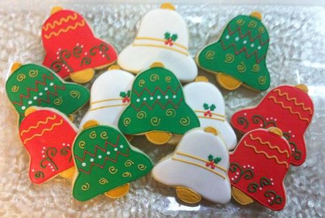 Christmas bell cookies Christmas Bell Cookies Royal Icing, Christmas Bell Sugar Cookies Decorated, Sugar Cookie Christmas Bells, Bell Christmas Cookies Decorating Ideas, Christmas Cookie Bell, Christmas Bell Sugar Cookies, Bell Sugar Cookies Decorated, Christmas Bells Cookies, Christmas Bell Cookies Decorated