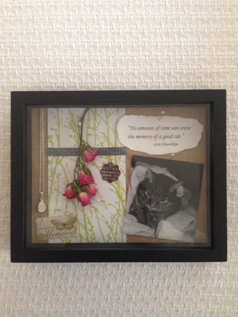 Cat memorial shadow box I made after losing my companion of 14 years. I included a locket necklace which holds his ashes. Shadow Box Pet Memorial Cats, Cat Shadow Box Memorial, Cat Memorial Shadow Box Ideas, Pet Memorial Shadow Box Ideas, Preserving Roses, Fur Quotes, Kitty Memorial, Cat Memorial Ideas, Pet Memorial Diy