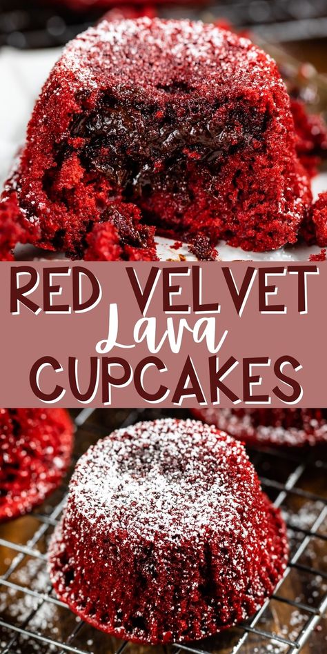 Red Velvet Lava Cupcakes - these easy cupcakes are lava cake made with red velvet cake mix! So easy to make - use any flavor cake mix. Lava Cupcakes, Red Velvet Desserts, Lava Cake Recipes, Red Velvet Cake Mix, Lava Cake, Flourless Chocolate Cakes, Velvet Cupcakes, Easy Cupcakes, Red Velvet Cupcakes