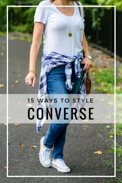 15 Ways to Style Converse: I get a lot of questions about how to style Converse sneakers so I thought I'd gather up all the ways I've styled them over the past couple of years. I wear mine a lot! They're so comfortable and practical, and I love how easy they are to slide on and go. #fashion #outfits #springoutfits #momoutfits #fallfashion #momfashion Style White Converse, Ways To Style Converse, How To Style Converse, White Converse Shoes, Tenis Converse, Outfits Comfy, Fall Family Photo Outfits, Easy Outfits, Style Converse