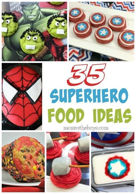 35 Superhero Food Ideas - Mom vs the Boys #kidsbirthday #superhero #marvel #marvelparty #superheroparty #birthdayparty #boysbirthday Marvel Themed First Birthday Party, Superhero Appetizers, Superhero Food Ideas, Adult Superhero Party, Super Hero Birthday Cake, Superhero Birthday Party Food, Superhero Party Food, Superhero Snacks, Avenger Party