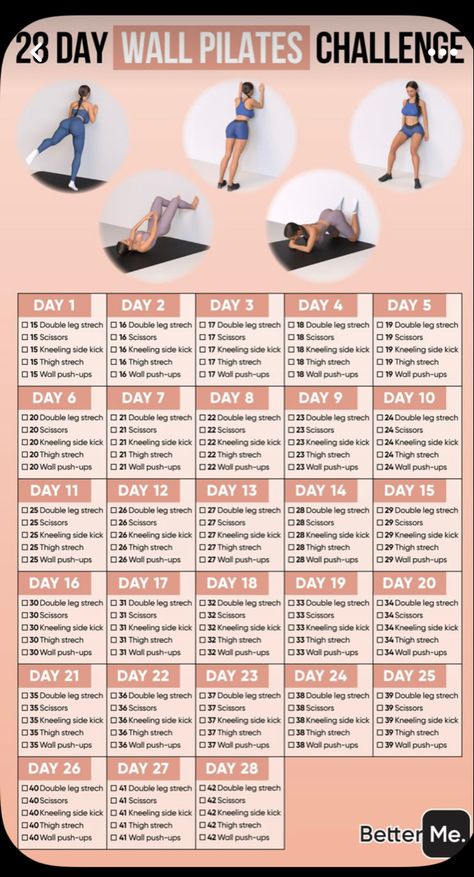 Wall Pilates Challenge, Beginner Pilates, Pilates Workout Plan, Wall Pilates, Pilates Challenge, Beginner Workouts, Wall Workout, 30 Day Fitness, Trening Fitness