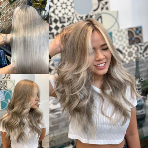 Milk Tea Hair With Money Piece, Milk Tea Blonde Hair Color Asian, Cool Toned Blonde Hair Asian, Ash Blonde Asian, Blonde Asian Hair, Beige Blonde Hair Color, Beige Blonde Balayage, Beige Blonde Hair, Blonde Dye