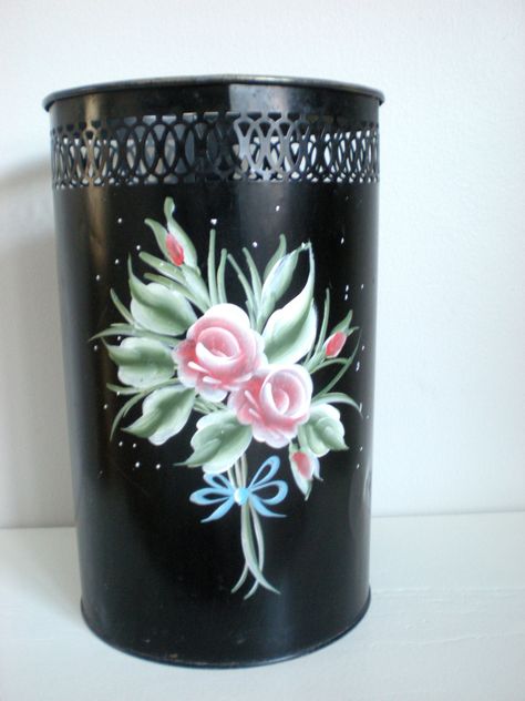 MID CENTURY DECOR Metal Trash Basket Can Black Decorated Painted Flowers Rose Motif Detecto Shabby Chic Style, Waste Baskets by chloeswirl on Etsy Painted Trash Cans, Metal Trash Cans, Waste Baskets, Bathroom Trash Can, Rose Motif, Century Decor, Waste Basket, Mid Century Decor, Laundry Hamper