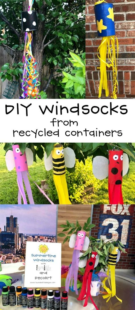 DIY Windsocks from Recycled Containers Craft Project Using Toilet Paper Tubes, Tin Cans and Jars #kidcraft #recycledcraft #tptubecraft, bugs Recycled Containers, Toilet Paper Tubes, Recycled Cans, Awesome Crafts, Recycle Cans, Amazing Crafts, Ribbon Diy, Tin Can Crafts, Summer Craft