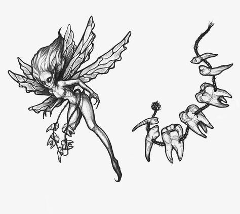 Tooth Fairy Tattoo Designs, Fairy Ink Drawing, Dark Fairy Illustration, Tooth Fairy Tattoo Ideas, Scary Fairy Drawing, Weird Tattoo Designs, Dark Fairy Sketch, Tooth Drawing Sketches, Skull Fairy Tattoo