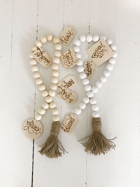 Wood bead garland!  The BoHo beads are like accessories for your home! They come with a personalized wood charm. Check out my Instagram @thebohobeads to order! Wood Charms, Beauty For Ashes, Wood Beads Diy, Farmhouse Beads, Blessing Beads, Tassel Crafts, Arts And Crafts Storage, Bead Decor, Boho Beads