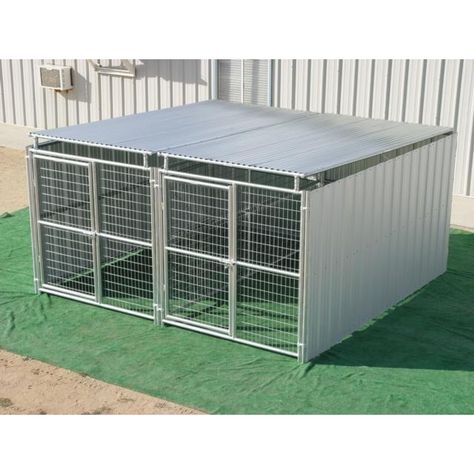 Rhino Shed Row style dog kennels are designed to shelter your dogs from the elements. The shed row kennels are made with the same 16ga 1-5/8” round tubing as the regular Rhino's regular mesh kennels, but are also covered with 26ga corrugated galvanized sheet metal, to offer superior protection from the elements for your dog. All Rhino shed row style kennels also include a sheet metal roof to shelter and protect your dog. Rhino's kennels are made in America with strong galvanized steel, making th Dog Kennel Roof, Luxury Dog Kennels, Metal Dog Kennel, Dog Kennel Designs, Heavy Duty Dog Crate, Dog Pens, Airline Pet Carrier, Diy Dog Crate, Outside Dogs