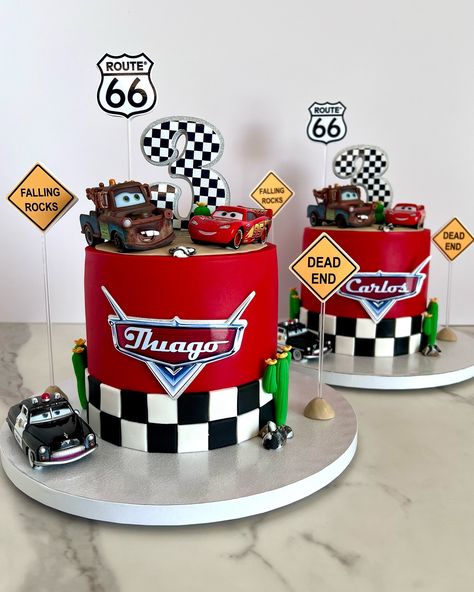 Adorable Cars themed identical cakes for Carlos and Thiago. They loved them! Custom cakes in Orlando Fl./Tortas personalizadas en Orlando Fl #cakesinorlando #customcakesinorlando #thecitybeautifulcakes #cakeart #orlandofl #carscake Cars Theme Smash Cake, Racing Car Theme Cake, Cars Birthday Party Cake, Cars Theme Birthday Cake, Disney Cars Birthday Cake, Birthday Tarpaulin Design, Disney Cars Cake, Lightning Mcqueen Cake, Cars Theme Cake