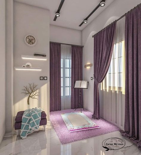 Salah Room Interior Design, Salah Room Ideas, Muslim House Interior Design, Prayer Corner Ideas Bedrooms Muslim, Islamic Prayer Room Ideas, Namaz Room, Muslim Prayer Room Ideas, Islamic Interior Design, Prayer Room Ideas