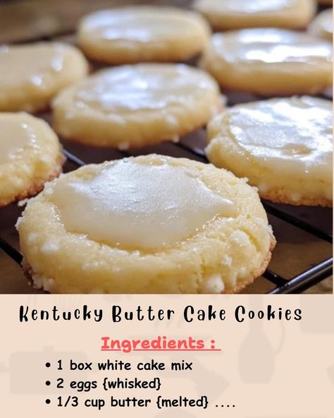 Ingredients: For the cookies: 1 box white cake mix 2 eggs, whisked... Kentucky Butter Cake Cookies, White Cake Mix Cookies, Fancy Sugar Cookies, Butter Cake Cookies, Soft Sugar Cookie Recipe, Cake Box Cookies, Kentucky Butter Cake, Christmas Baking Cookies, Gooey Butter Cake