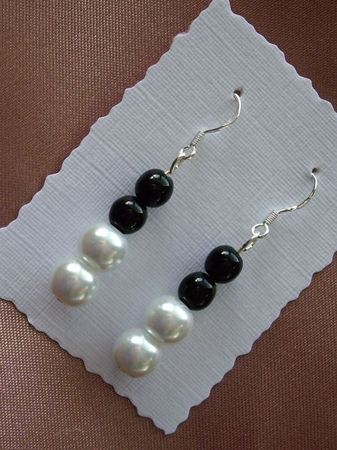 Sterling Silver Earrings with white glass pearls and pressed black jet beads Diy Black Earrings Ideas, Black Handmade Earrings, Black And White Earrings Diy, Handmade Black Beads For Jewelry Making, Trendy Handmade Black Beaded Earrings, Gift White Beaded Earrings With Black Beads, Black And White Beaded Earrings, Black And White Necklaces, Beaded Jewelry Earrings