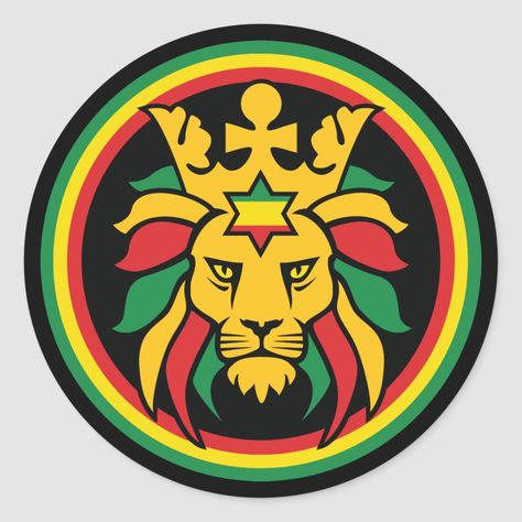 This Rastafarian design shows a stylized head of the traditional Lion of Judah with a Star of David emblazoned with the Rasta flag colors on it's forehead. The lion's mane is made from green, yellow and red dreadlocks and on his head he wears a crown topped with a cross symbol. The design is encircled by a border of green, yellow and red. Size: Large,3 inch (sheet of 6). Gender: unisex. Age Group: adult. Stylized Head, Rastafari Art, Red Dreadlocks, Rasta Flag, Lion Canvas Painting, Rasta Art, Reggae Art, Bob Marley Art, Rasta Lion