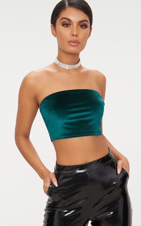 Emerald Green Crop Top, Emerald Outfit, Emerald Green Blouse, Emerald Green Velvet, Green Corset, Jasmine Dress, Bandeau Crop Top, Green Crop Top, Crop Top Outfits