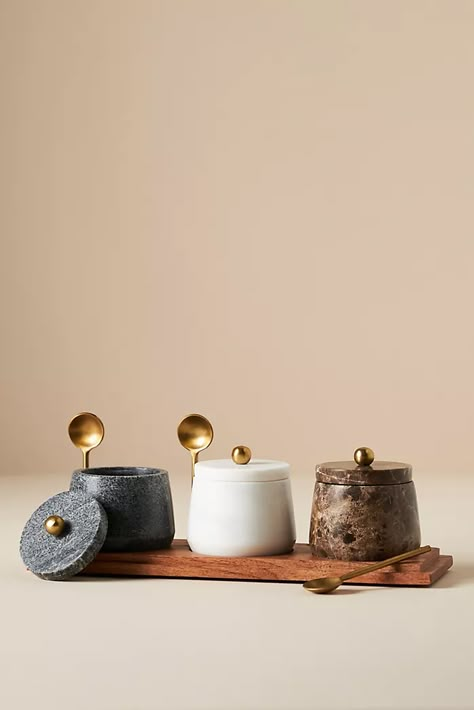 New Fall Home and Furniture Décor | AnthroLiving Anthropologie Kitchen, Kitchen Countertop Decor, Countertop Decor, Marble Bowl, Condiment Sets, Marble Tray, Wood Spoon, The Marble, Spice Jars