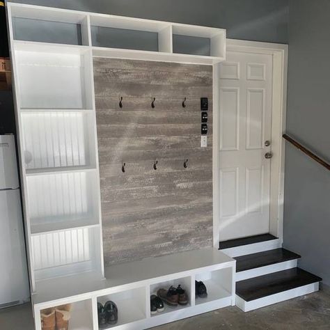 Small Garage Drop Zone, Mud Space In Garage, Mud Room Garage Ideas, Garage To Basement Entry, Small Garage Ideas Design, Mudroom Connecting House And Garage, Garage Shoe Drop, Garage Mudroom Ideas Diy Small Spaces, Mud Room In The Garage