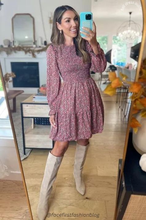 The Perfect Fall Dress Outfit for Family Pictures. Fall Dress Outfit With Boots, Outfit For Family Pictures, Family Pictures Outfits Fall, Short Dress With Boots, High Boots For Women, Plaid Shirt Outfits, Pictures Outfits, Shopping Link, Fall Family Pictures