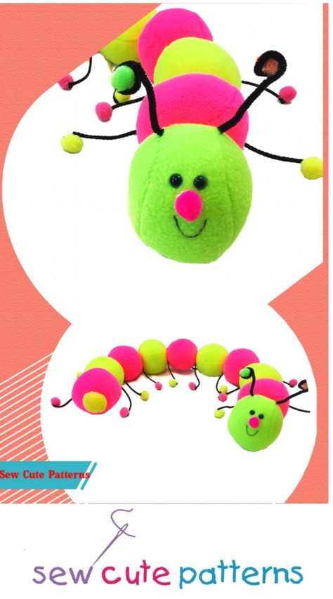 Fun caterpillar soft toy pattern!  Adorable plush caterpillar makes awesome kids room and nursery room decor!  Create your own customized soft toy in your child's favorite colors.  Visit www.sewcutepatterns.com and learn to make soft toys at home.  #sewing #caterpillar #plushies #softies #stuffies #pattern Diy Caterpillar, Cute Sewing Patterns, Cute Kids Room, Make A Stuffed Animal, Sewing Animals, Caterpillar Toys, Handmade Gifts For Kids, Stuffed Animals Cute, Kids Playroom Decor